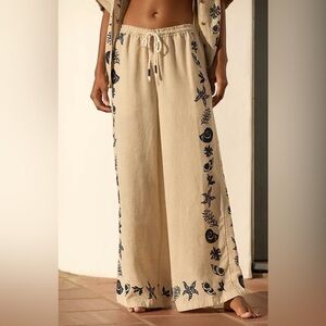 New Anthropologie Wide Leg Linen Viscose Trousers Sea Themed Print Size M